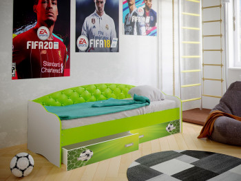 Кровать Софа-8 с мягкой спинкой фотопечать Футбол (900х2000) Белый/Лайм в Колыване - kolyvan.mebel54.com | фото